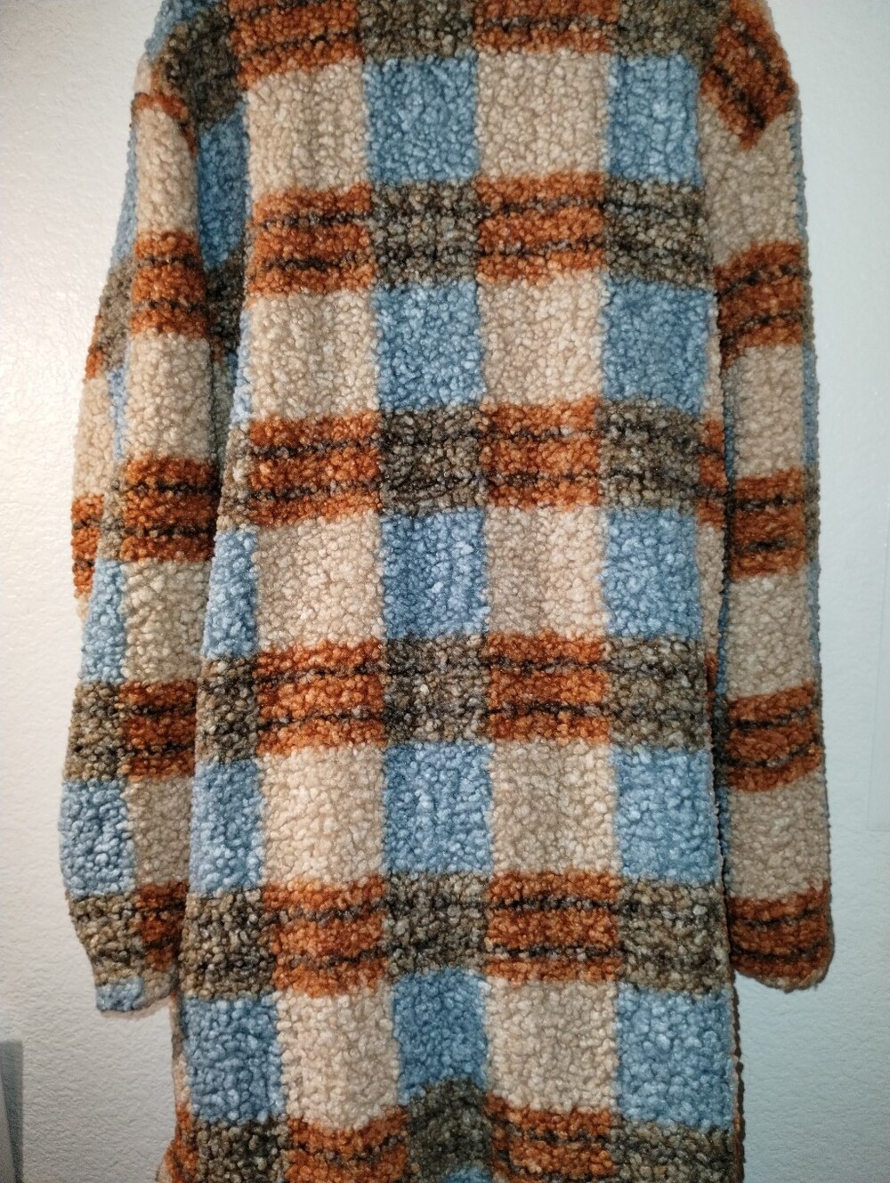 Cozy Plaid Sherpa Long Coat Plaid Blue, Tan & Brown Pockets sz XL - Picture 15 of 17